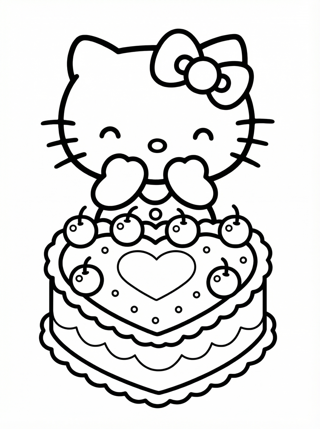 Hello Kitty colouring page showing the character behind a heart-shaped birthday cake decorated with cherries
