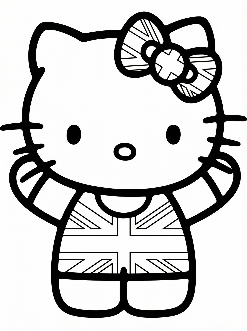 Hello Kitty colouring page wearing Union Jack flag outfit with matching bow, standing with arms outstretched in cheerful pose