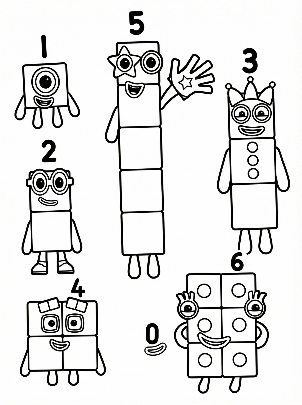 Numberblocks characters numbered 0 to 6 in a colouring page format, featuring block-shaped characters with faces, glasses, and crowns