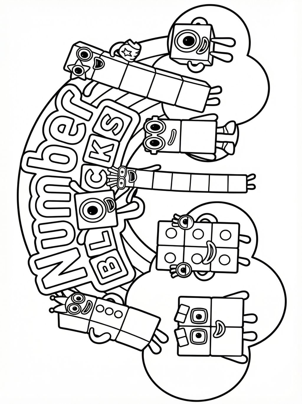 Numberblocks colouring page showing cartoon building block characters with faces, arms and legs arranged in a group with 'Numberblocks' text