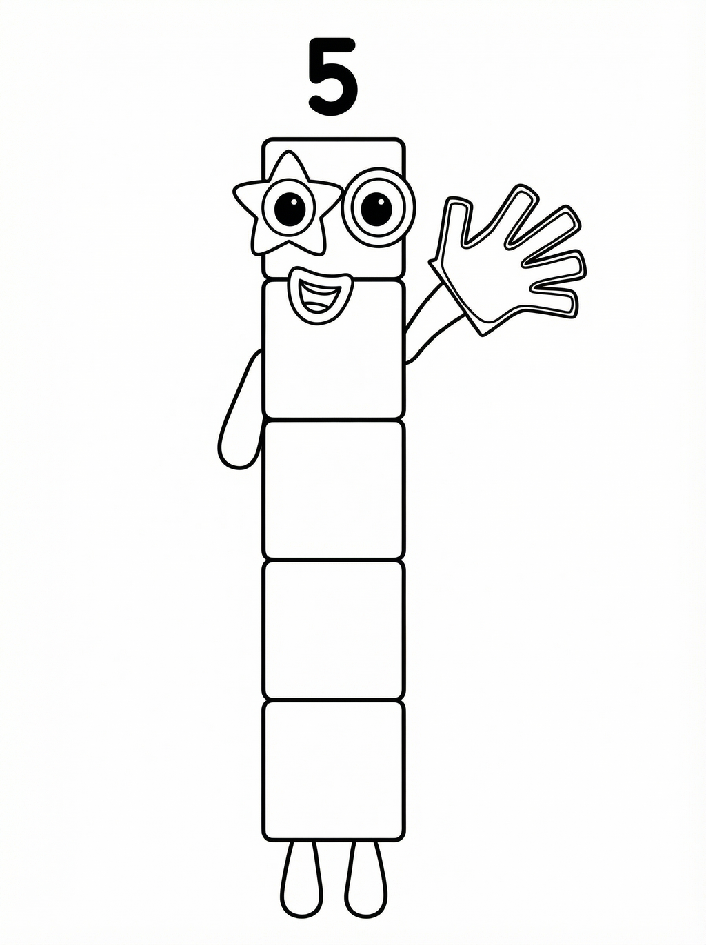 Numberblocks Five colouring page showing the character made of five blocks with star-shaped glasses, big smile, and waving hand