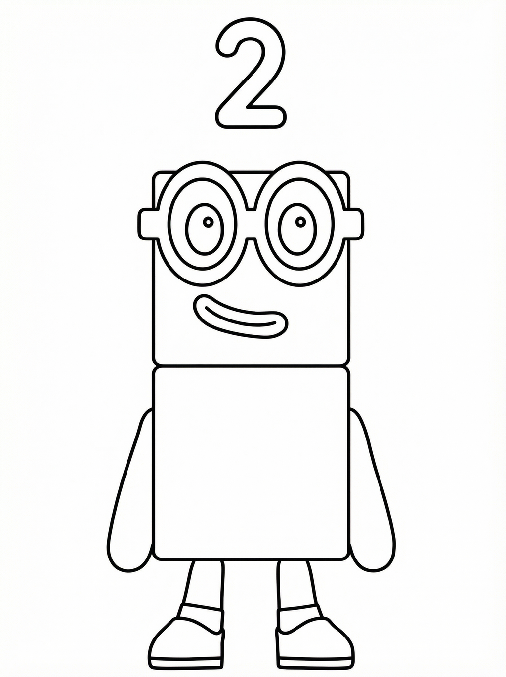 Numberblocks Two character wearing large round glasses with a friendly smile, standing with arms and legs, ready to colour