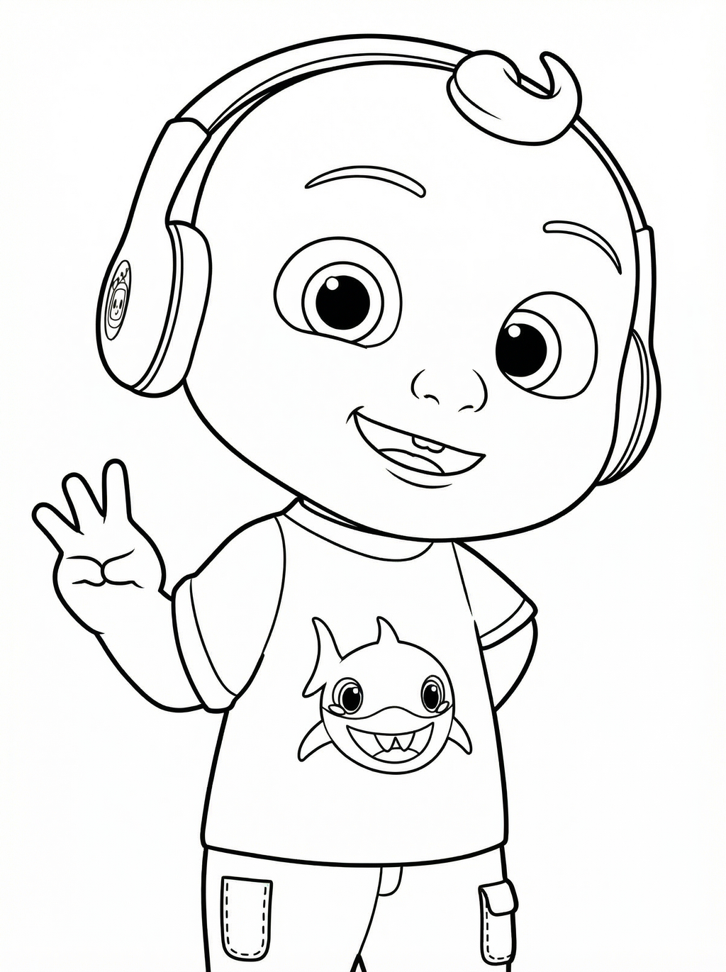 Colouring page of JJ from CoComelon wearing headphones and waving, with a smiling shark on his t-shirt
