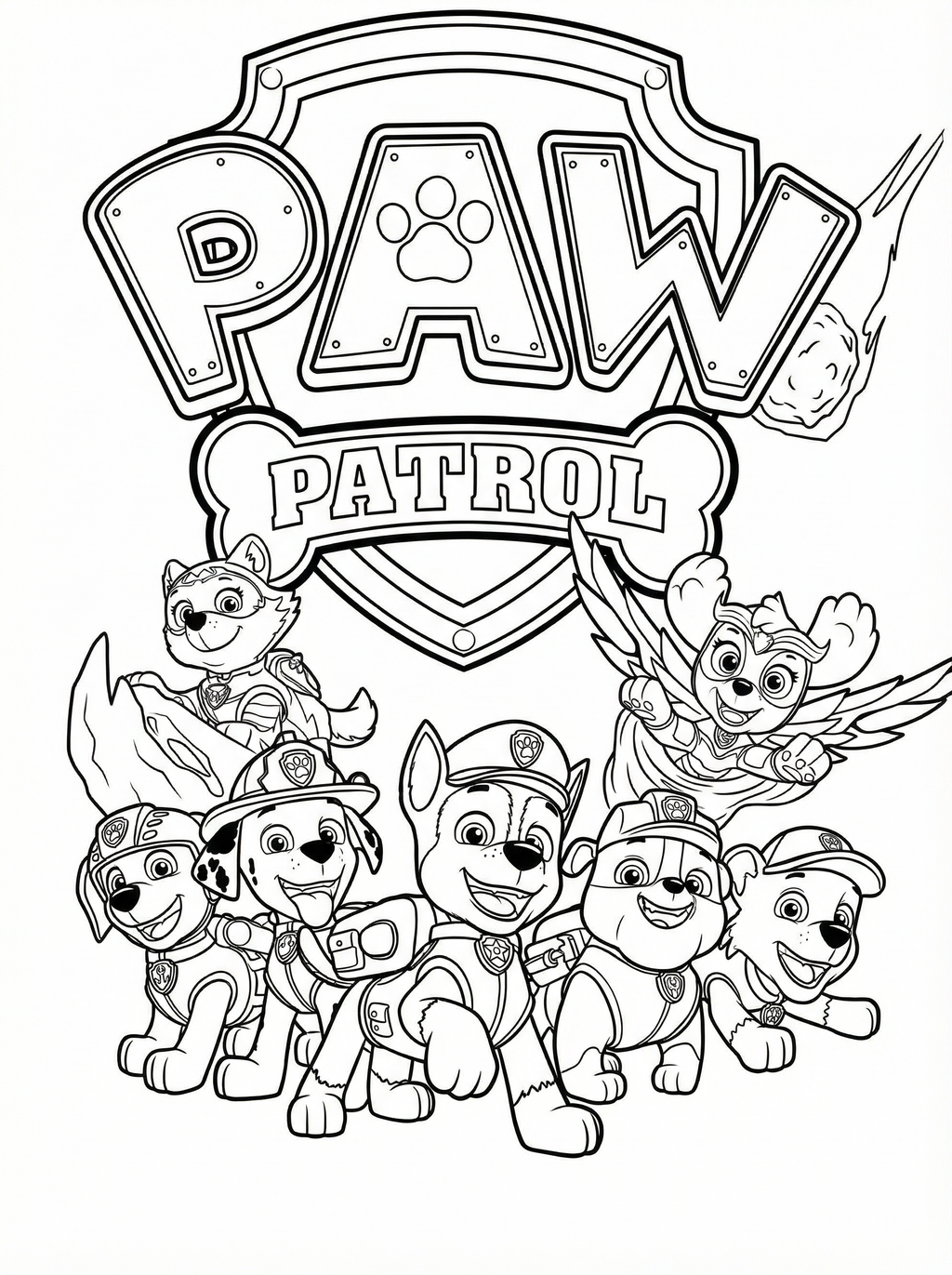 Paw Patrol colouring page showing the complete team of rescue pups including Chase, Marshall, Skye, Rubble, Rocky, Zuma and Everest beneath the Paw Patrol logo and badge