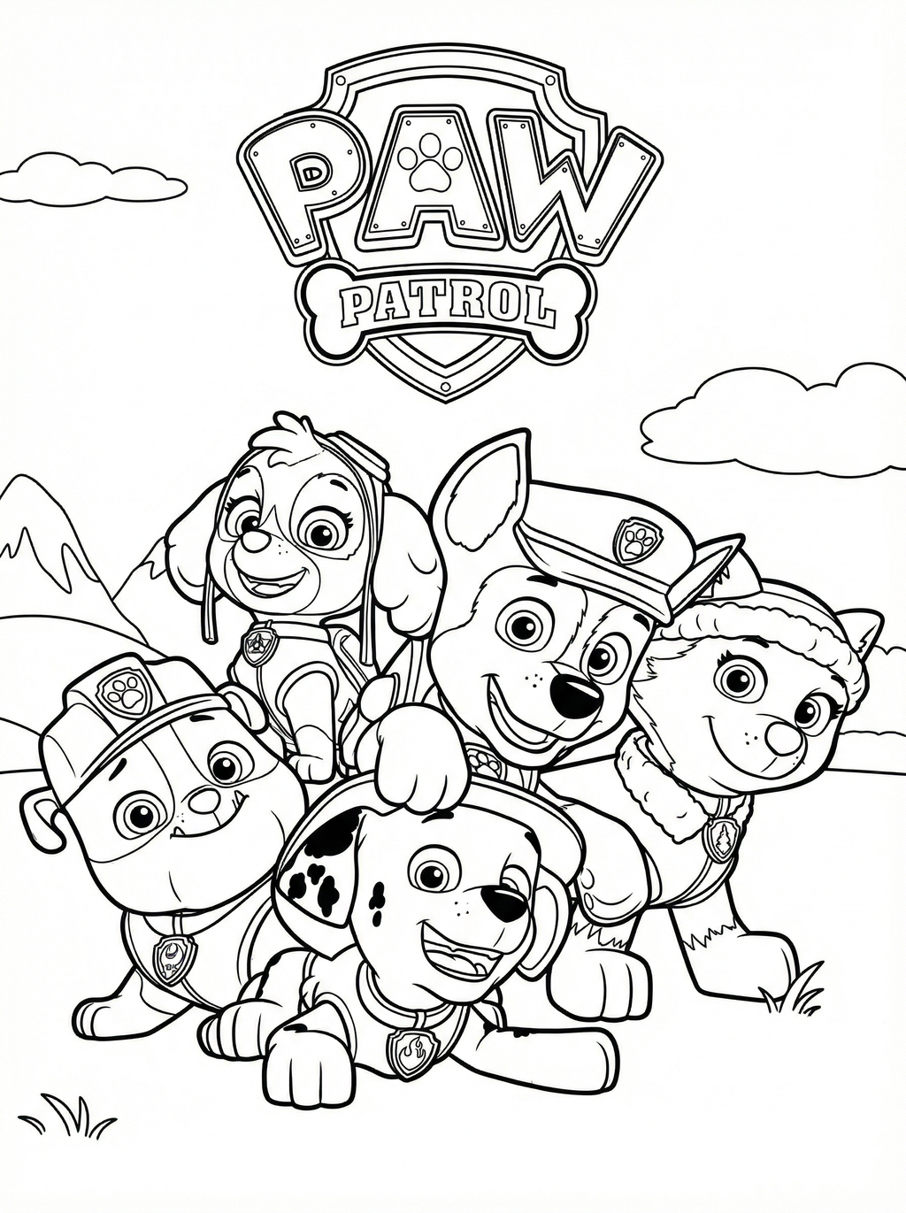 Paw Patrol colouring page showing Chase, Marshall, Skye, Rubble and other pups grouped together with the Paw Patrol logo above them