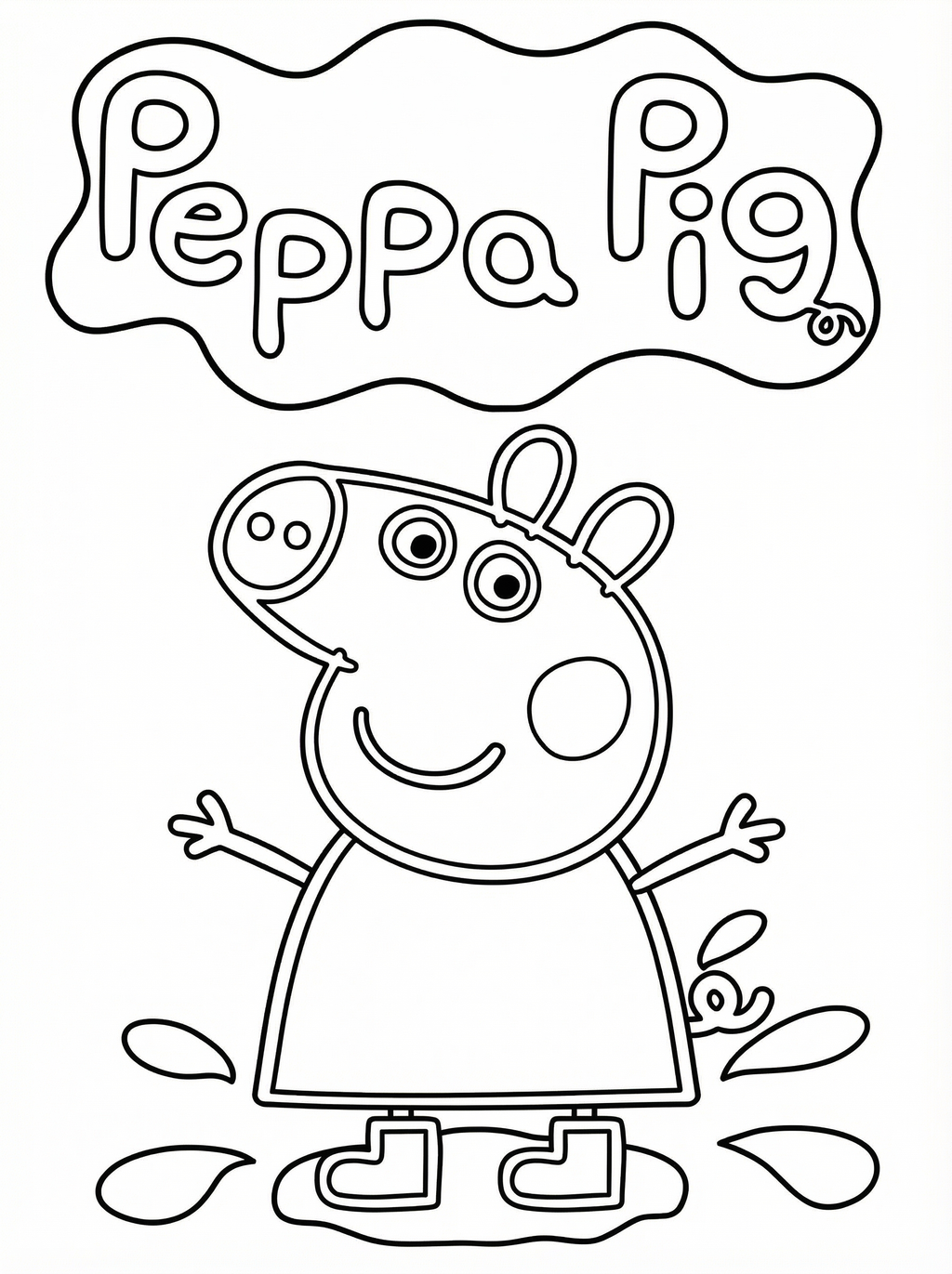 Peppa Pig colouring page showing Peppa with arms outstretched jumping in muddy puddles with the Peppa Pig logo above