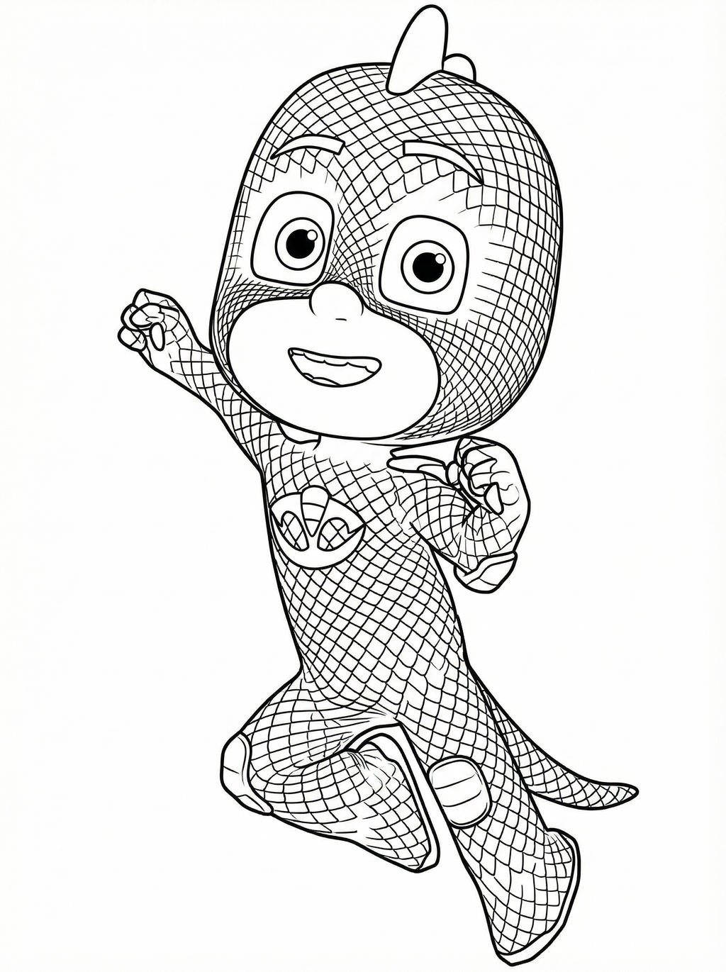 Gekko from PJ Masks colouring page showing the green superhero character in his lizard costume with large eyes and a friendly smile
