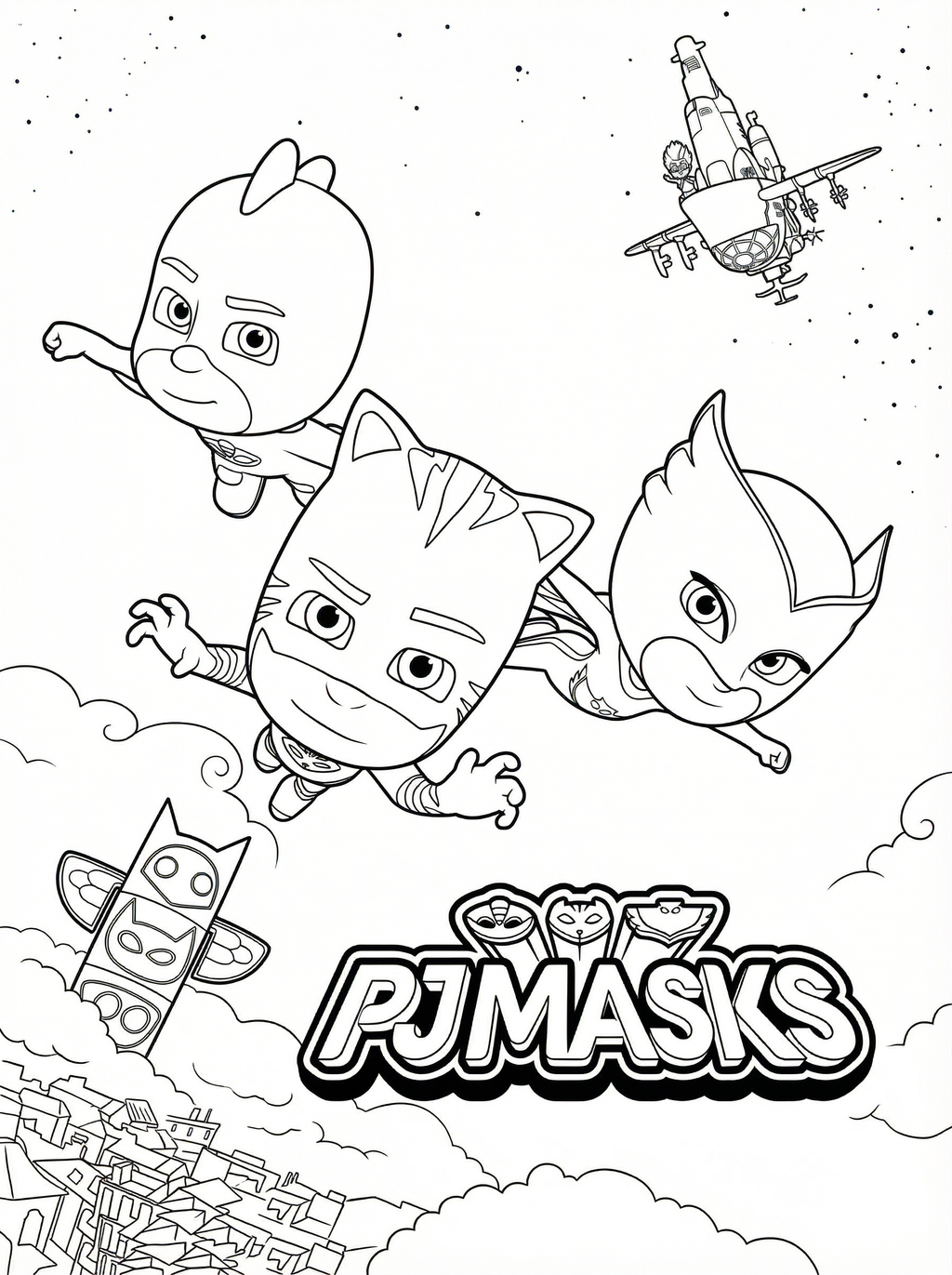 PJ Masks colouring page showing Catboy, Owlette, and Gekko flying through the night sky with their vehicles and the PJ Masks logo