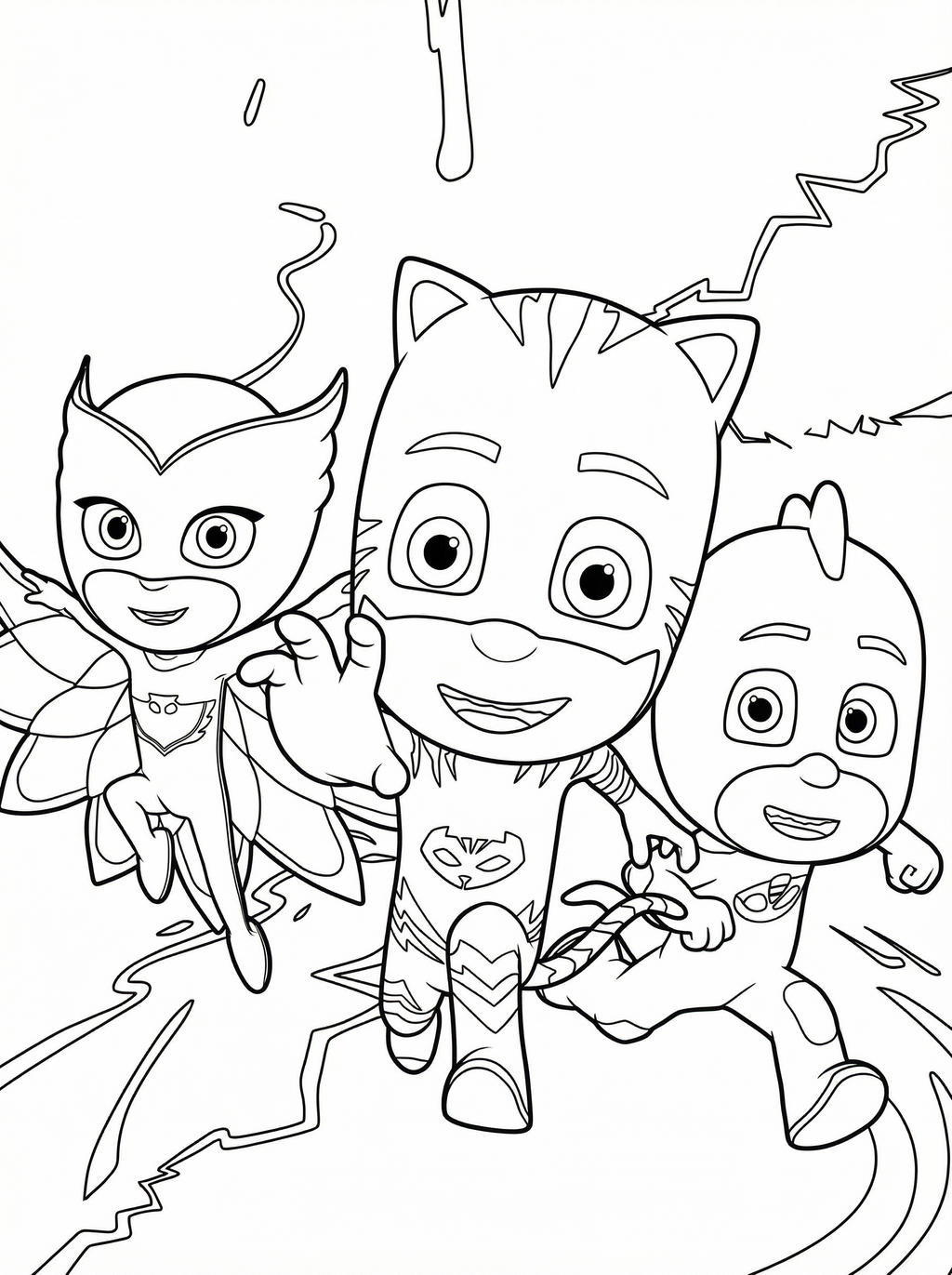 Black and white colouring page showing PJ Masks characters Catboy, Owlette and Gekko in action poses with lightning bolts in the background