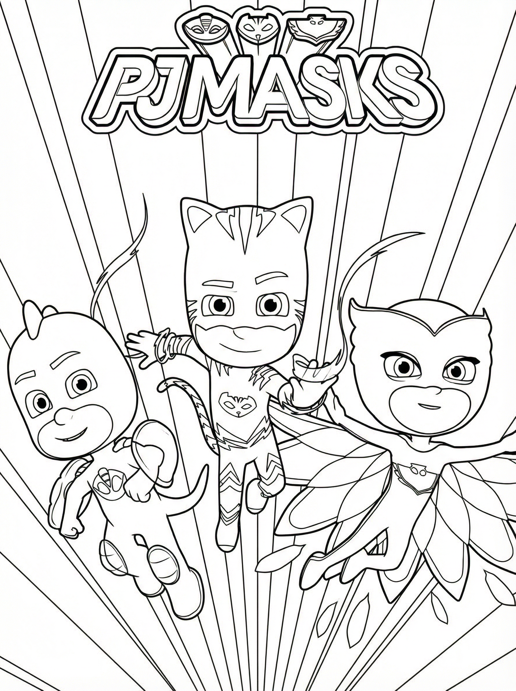 Free PJ Masks Printable Colouring Page - Flying Trio with Logo