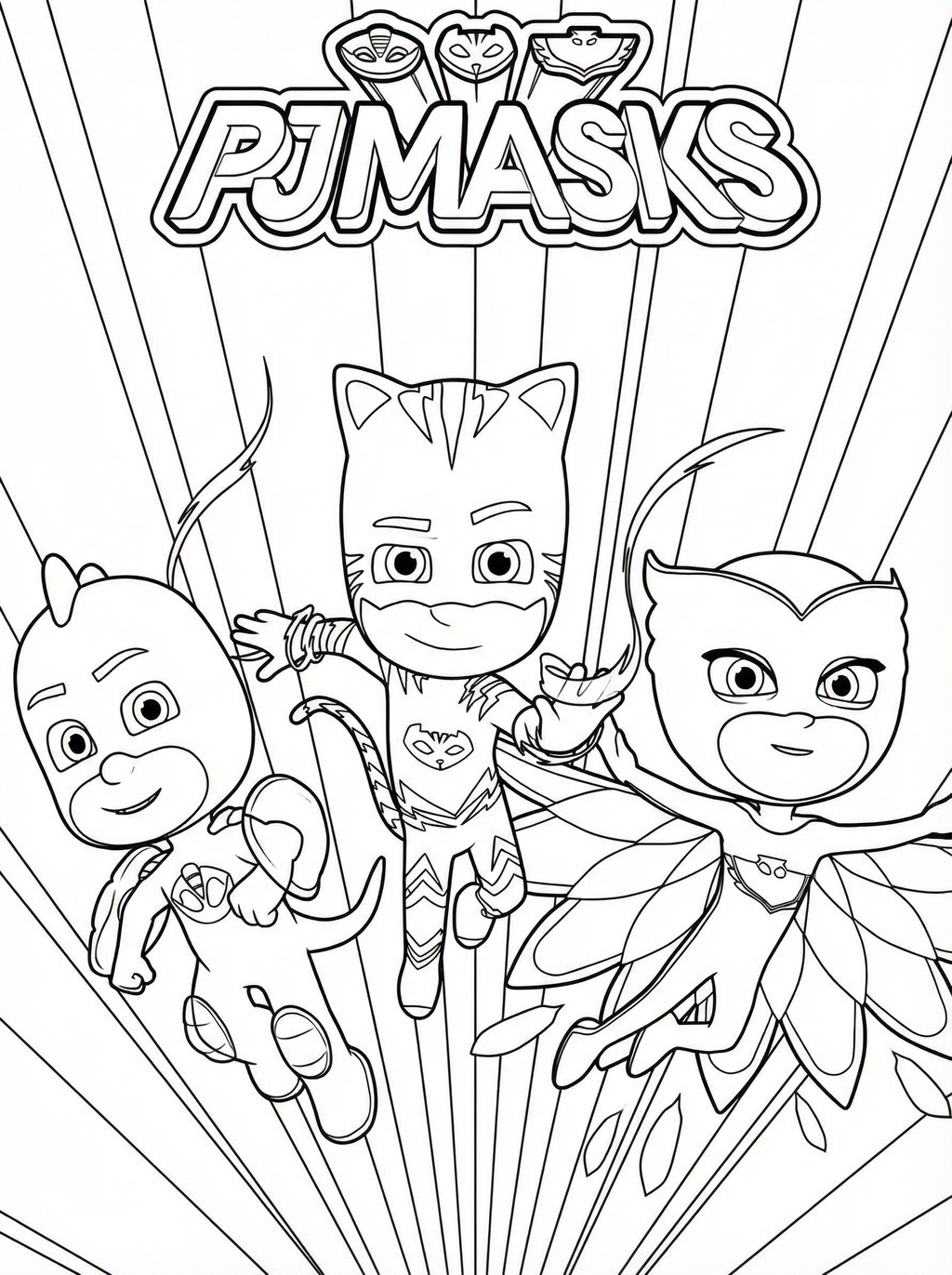 PJ Masks colouring page showing Catboy, Owlette and Gekko in action poses with the PJ Masks logo above them and radiating lines in the background