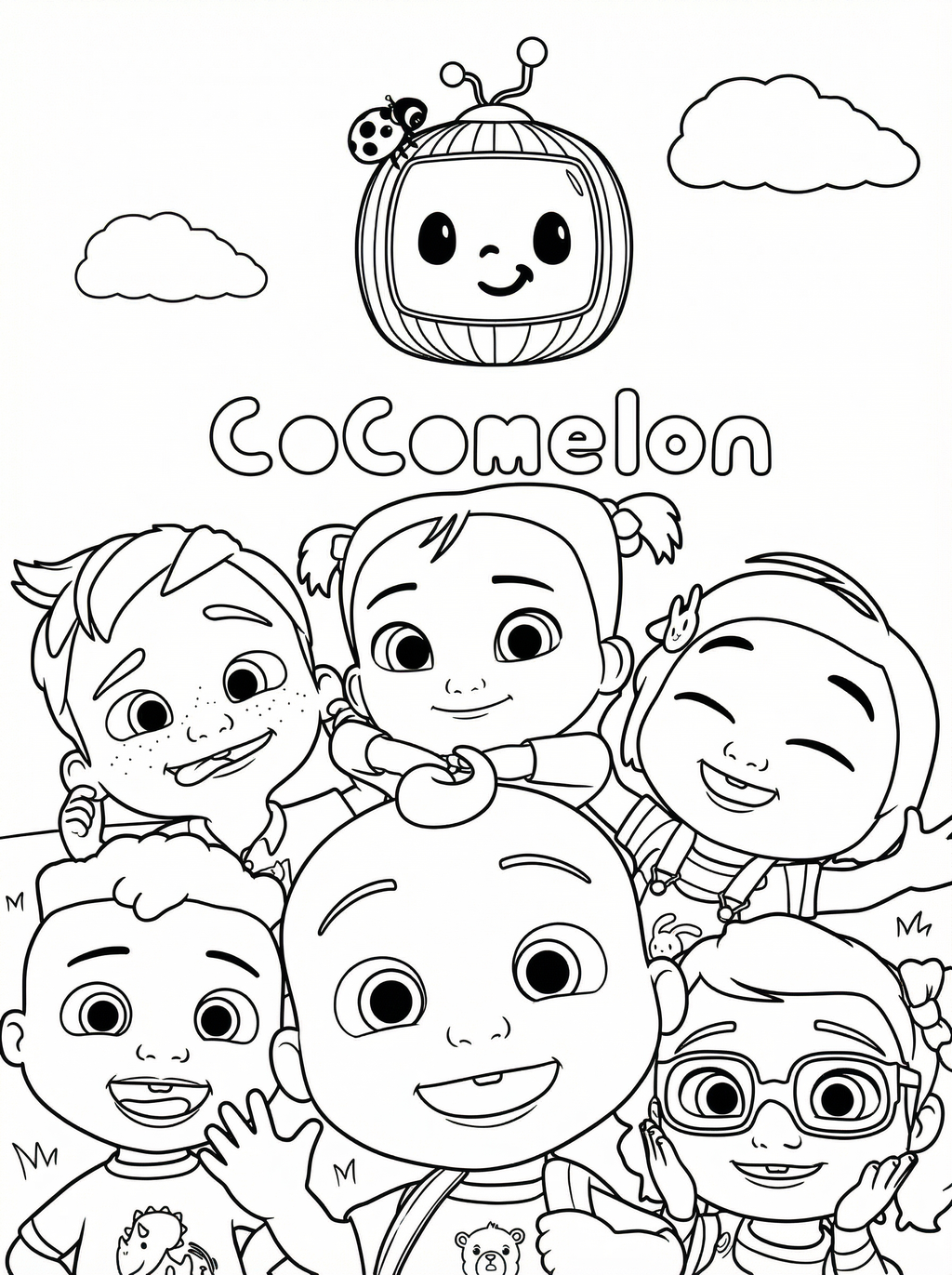 Cocomelon colouring page showing JJ and five children characters smiling together beneath the Cocomelon logo and watermelon mascot with clouds in the background