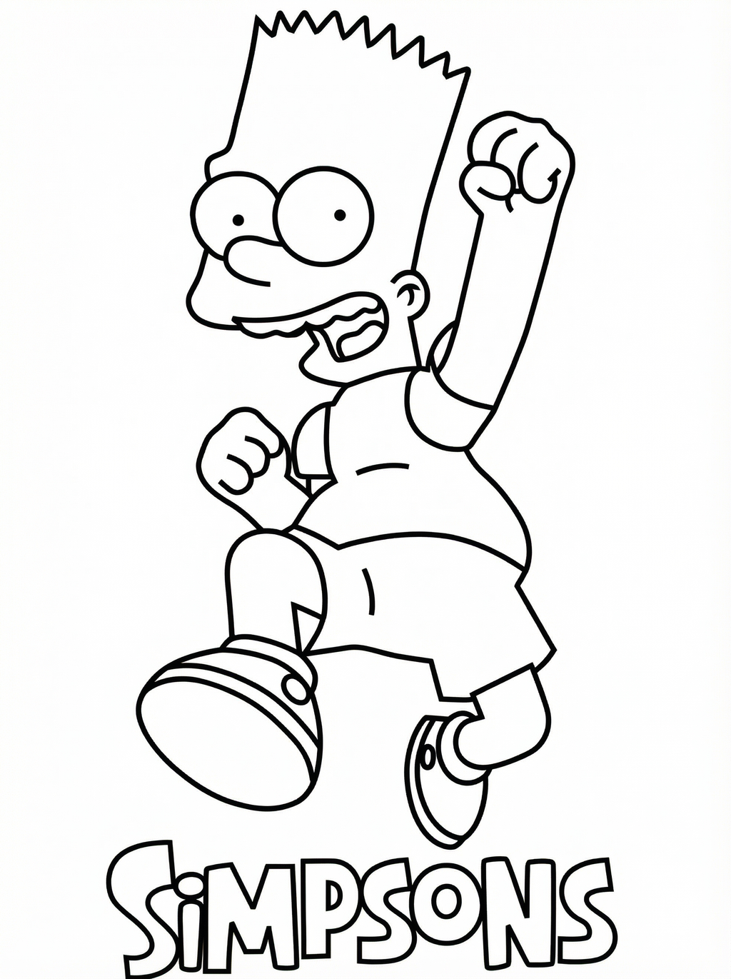 Black and white line drawing of Bart Simpson jumping with fist raised and mouth open, with The Simpsons logo below