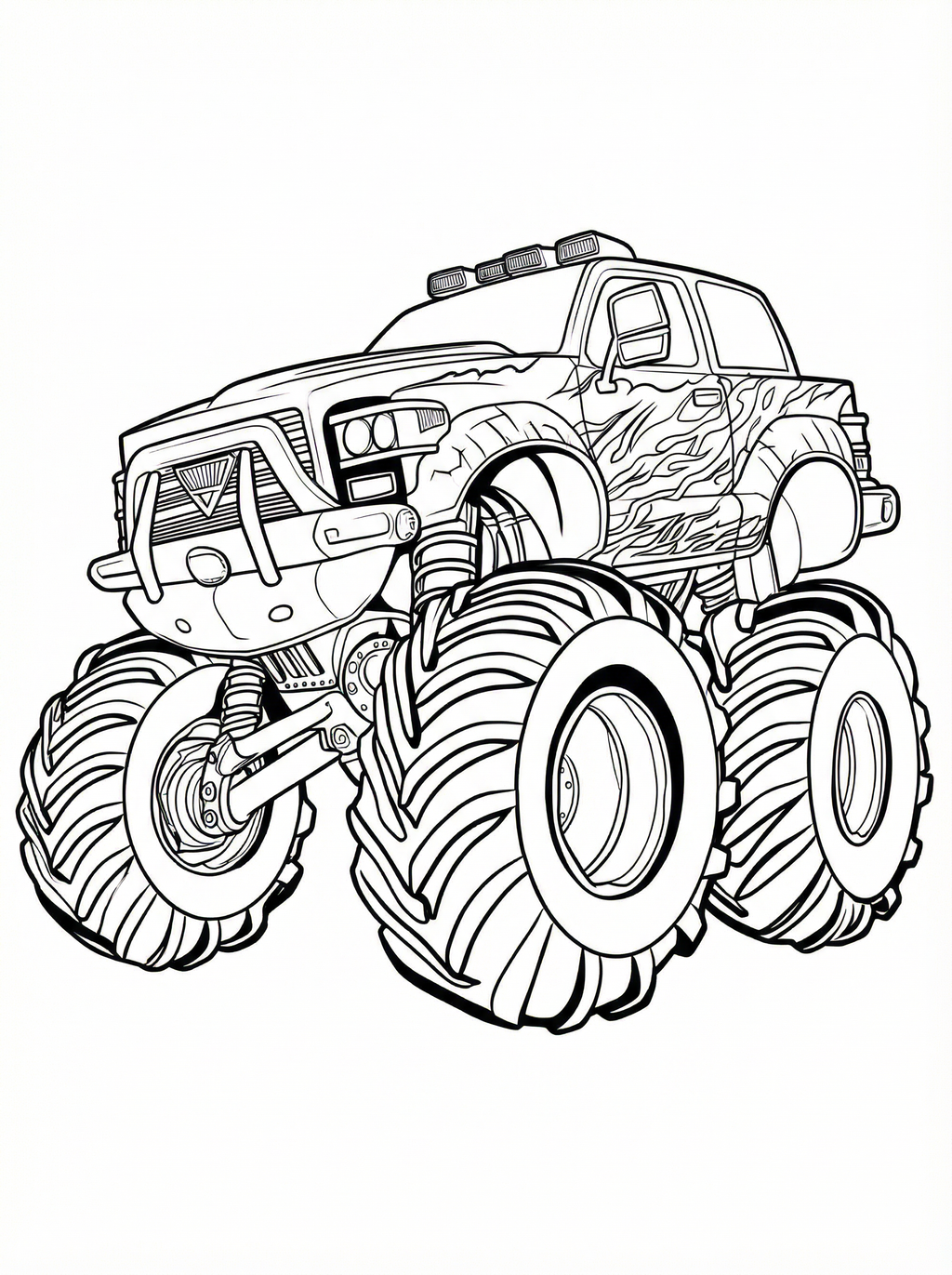Black and white line drawing of a monster truck with enormous tyres, flame decals on the side, roof lights, front bull bar, and detailed suspension system