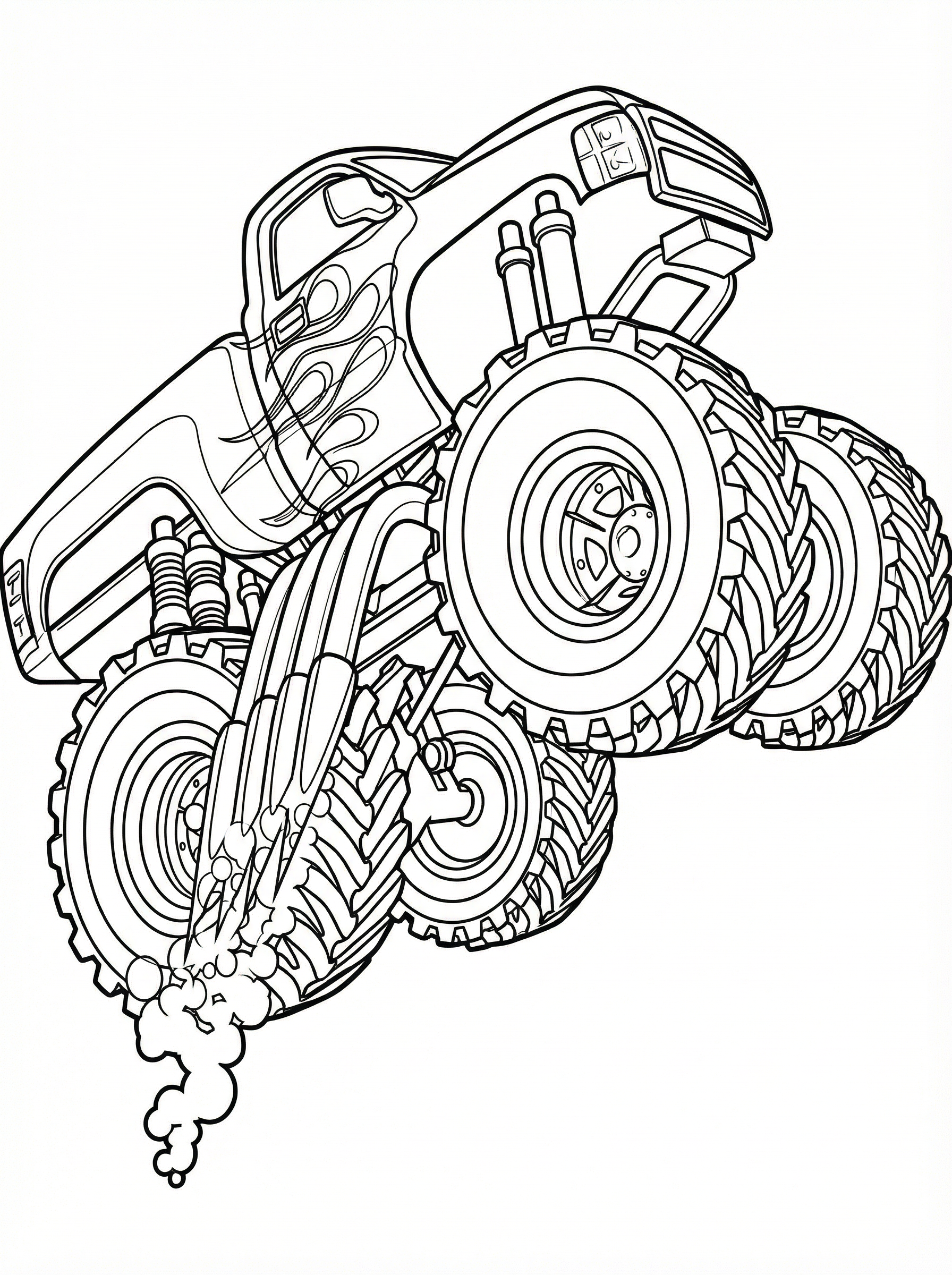Free Monster Truck Printable Colouring Page - Flaming Truck Mid-Air Jump