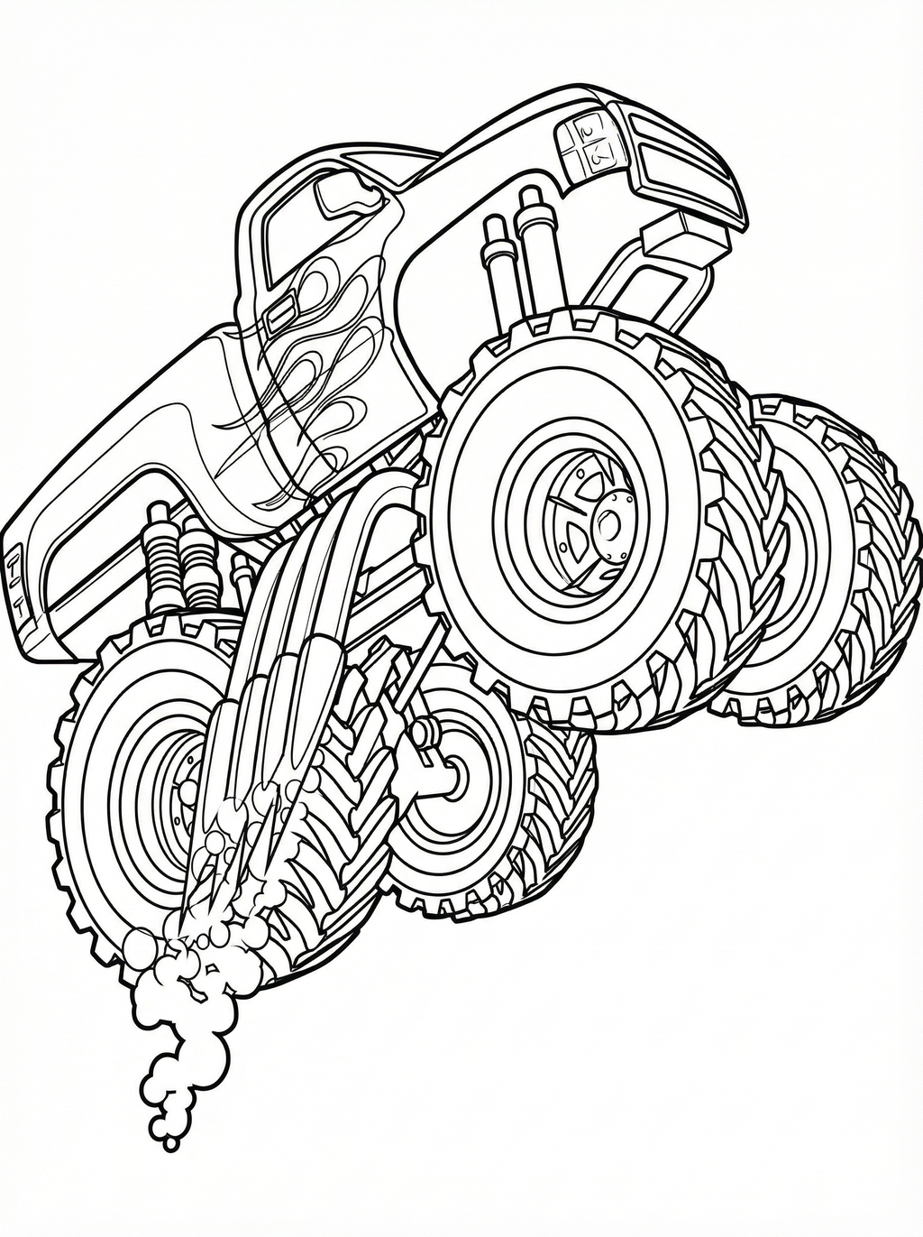Black and white line drawing of a monster truck performing a wheelie with large treaded tyres, detailed suspension system, and exhaust pipes