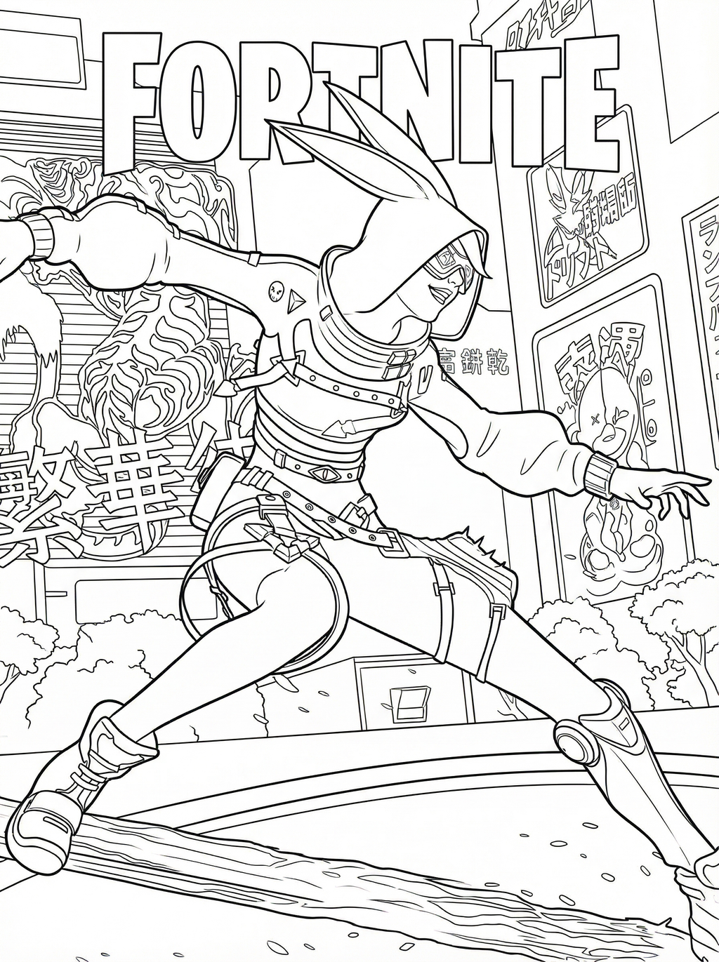 Fortnite Drift skin character in action pose wielding a katana sword with urban Japanese-inspired background and Fortnite logo