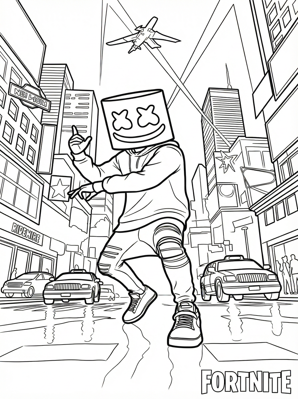 Colouring page of Marshmello character from Fortnite dancing in a city street with buildings, cars, and a helicopter in the background