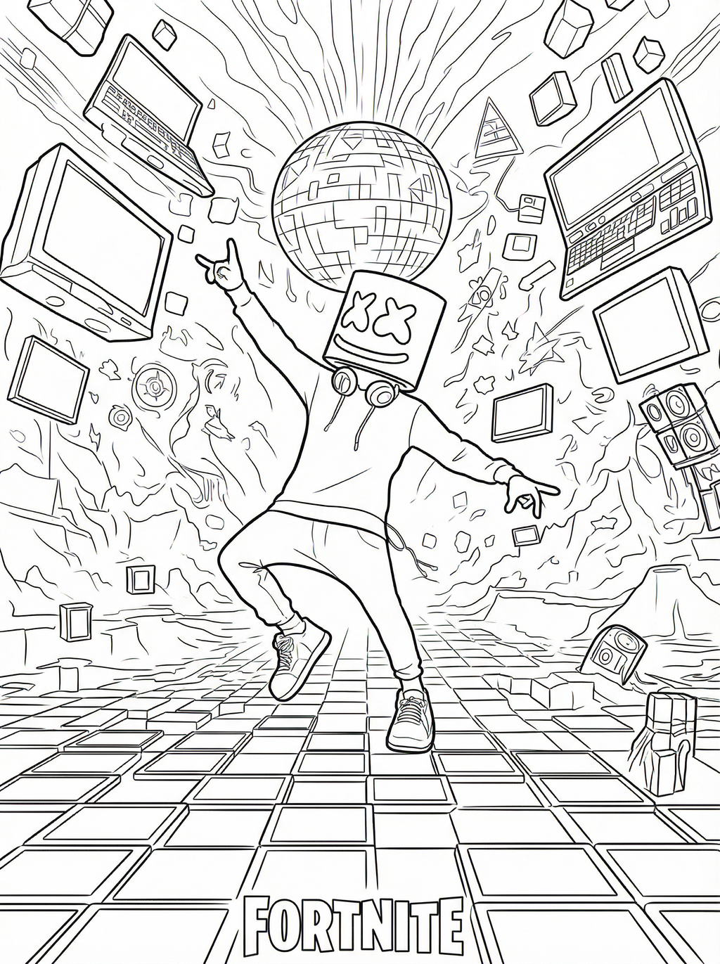 Colouring page of Marshmello character from Fortnite dancing on a checkered floor with a disco ball, surrounded by floating computers, speakers, and geometric shapes with radiating energy lines