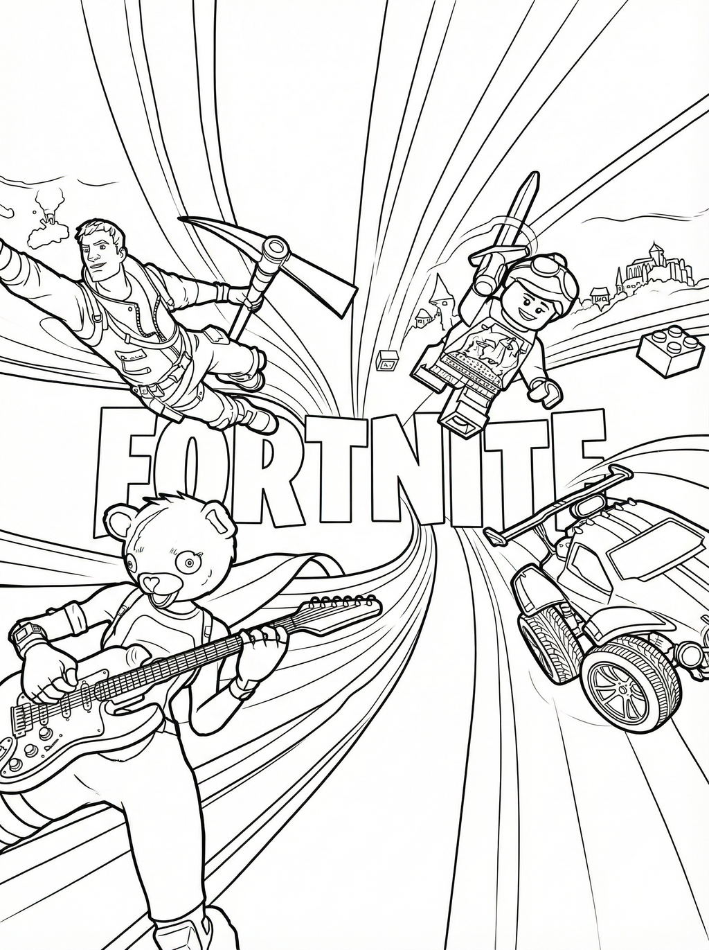 Fortnite colouring page showing three characters in action - one playing electric guitar, one with glider, and one with goggles, plus a vehicle, with Fortnite logo in centre