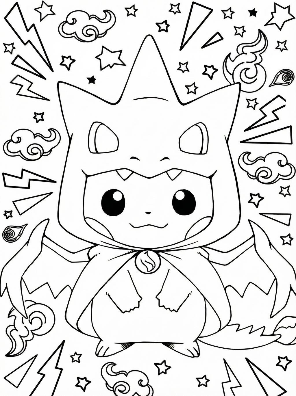 Black and white line drawing of Mimikyu Pokémon character in kawaii style wearing a Pikachu costume with large eyes, surrounded by stars, lightning bolts, and decorative clouds
