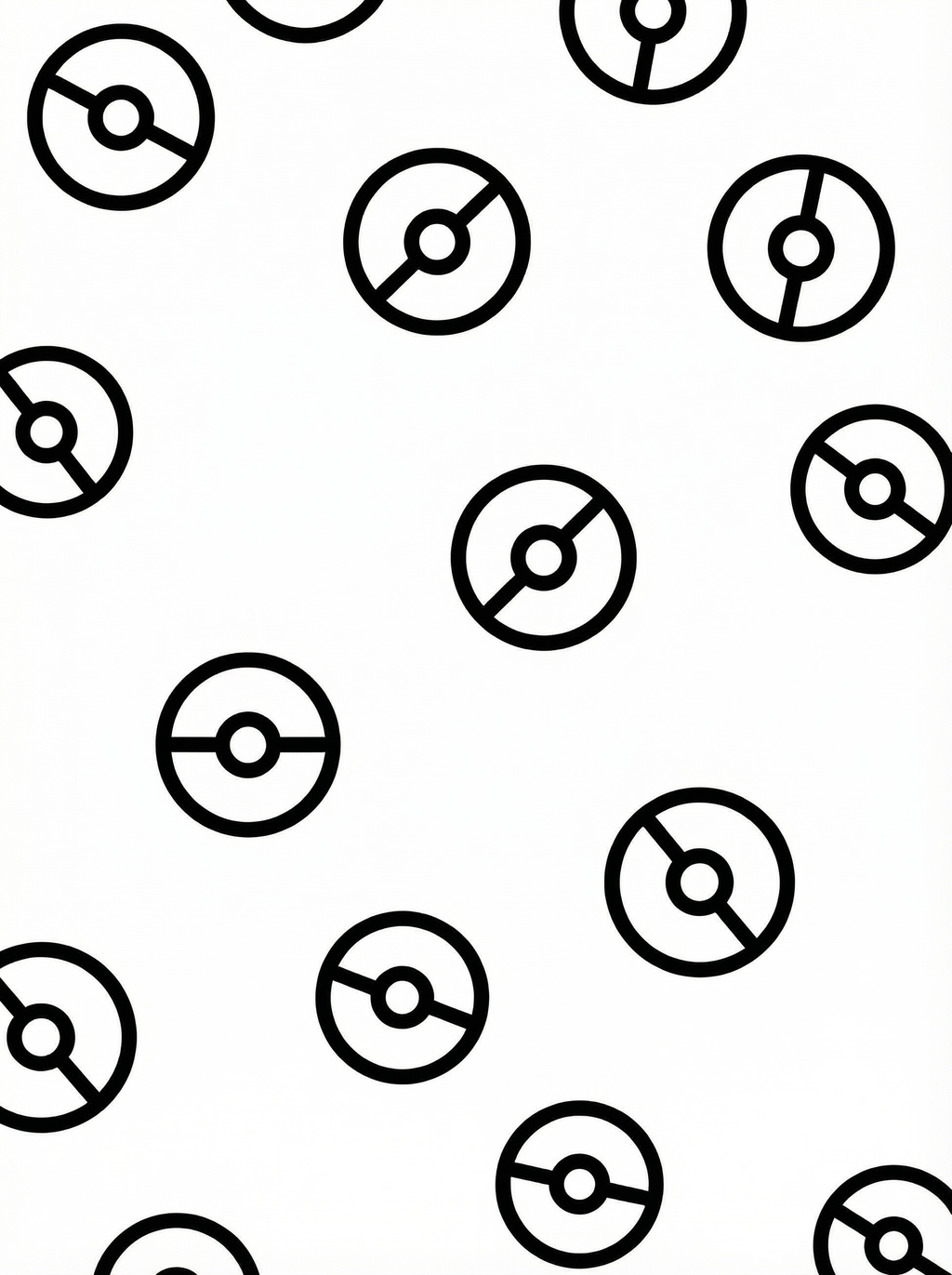 Black and white line drawing pattern of multiple Pokéballs from Pokémon, showing the iconic spherical design with central button and dividing line, ready for colouring