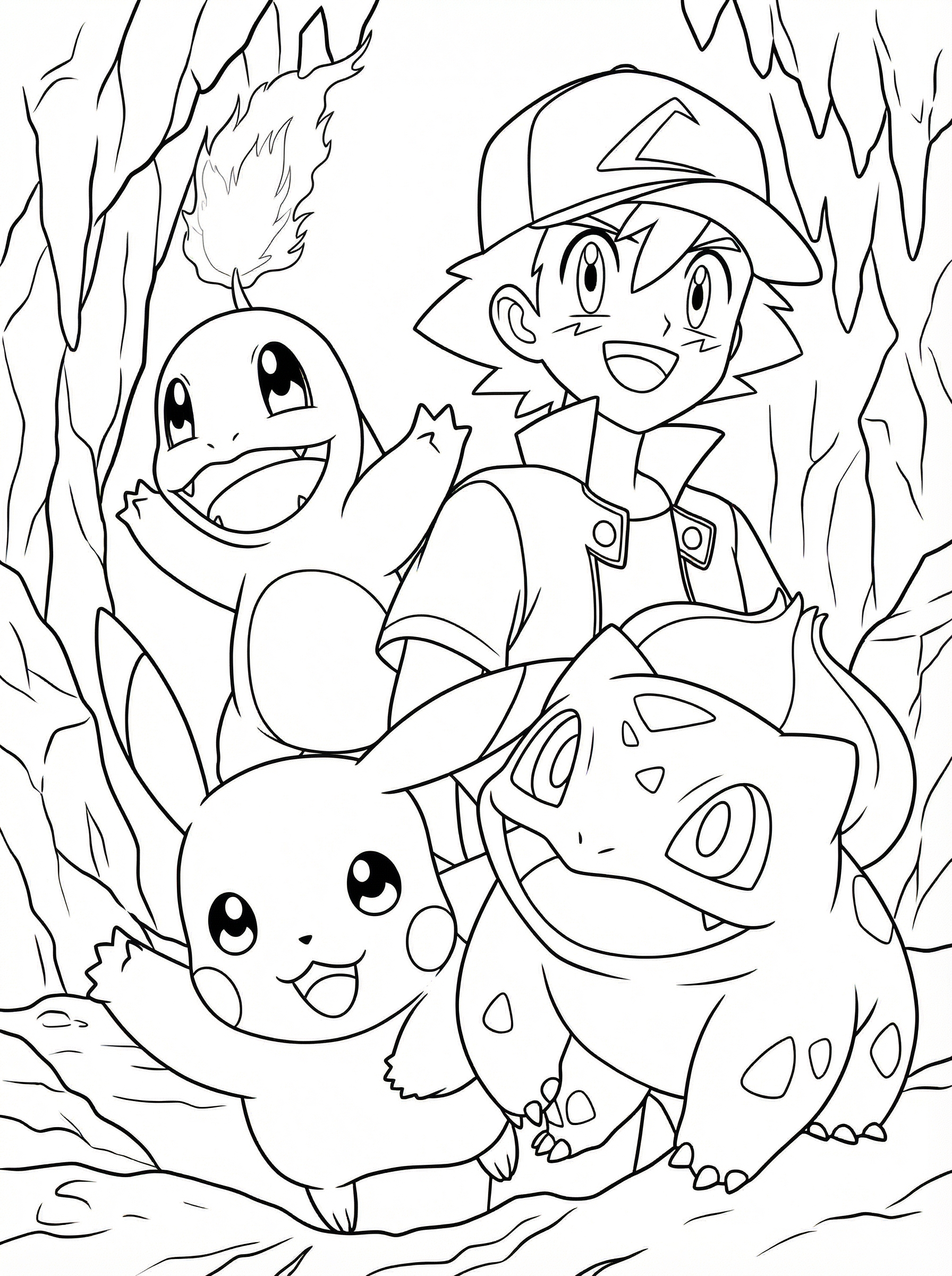 Free Pokémon Trainer with Starter Pokémon Colouring Page