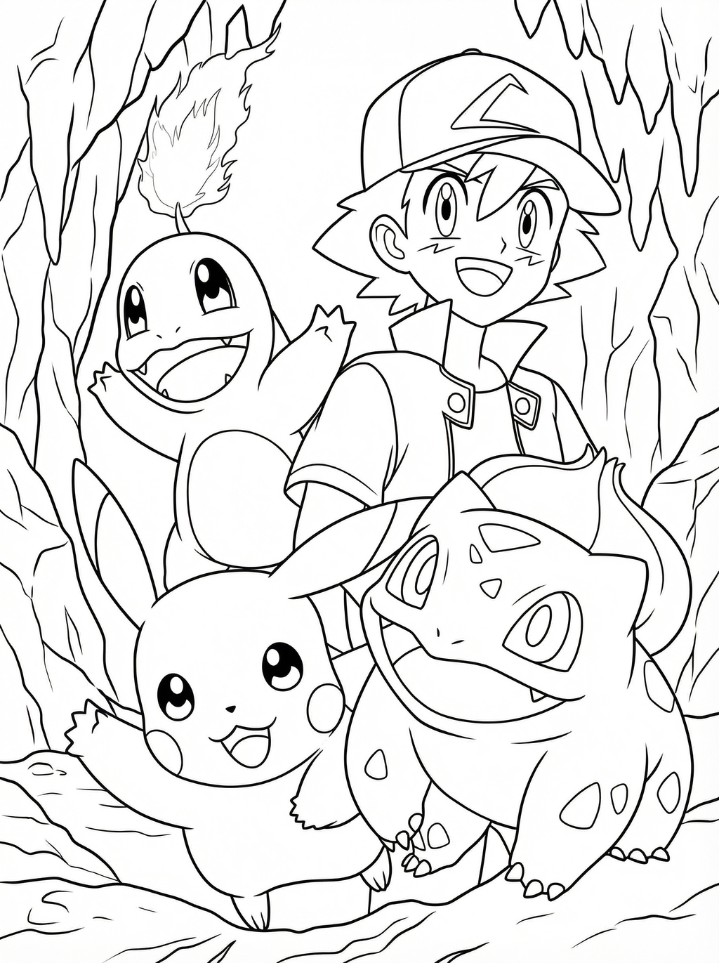 Black and white line drawing colouring page showing a Pokémon trainer with Charmander, Pikachu and Bulbasaur standing together in a cave setting