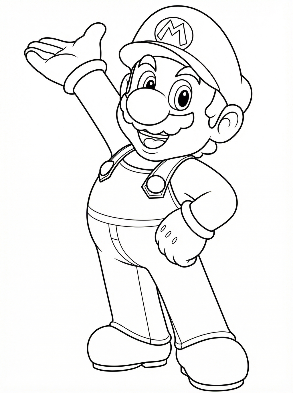 Colouring page featuring Mario from Super Mario Bros wearing his iconic cap with M logo, overalls with buttons, and gloves, waving with one hand raised in a cheerful pose