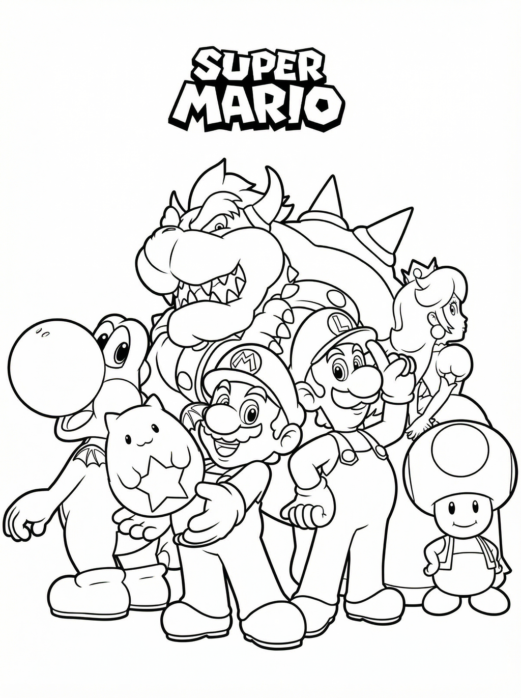 Black and white line drawing of Super Mario Bros characters including Mario, Luigi, Princess Peach, Bowser, Yoshi, and Toad grouped together for colouring