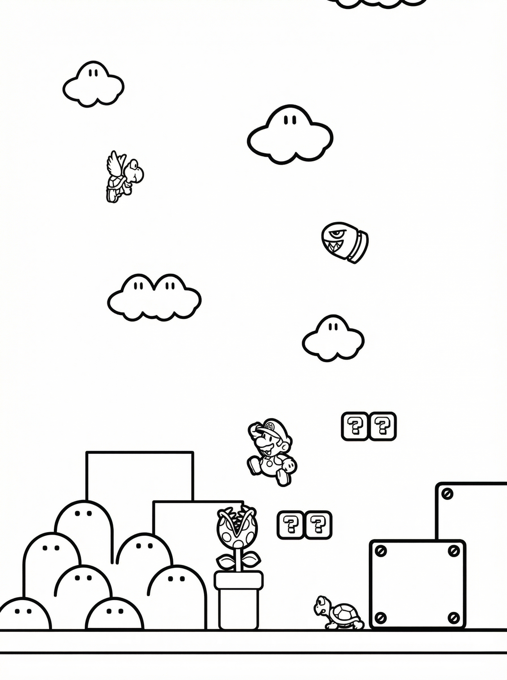 Black and white line drawing colouring page of Super Mario game scene with Mario jumping, flying Koopa Troopas, clouds with faces, question mark blocks, Piranha Plant in pipe, and platform landscape