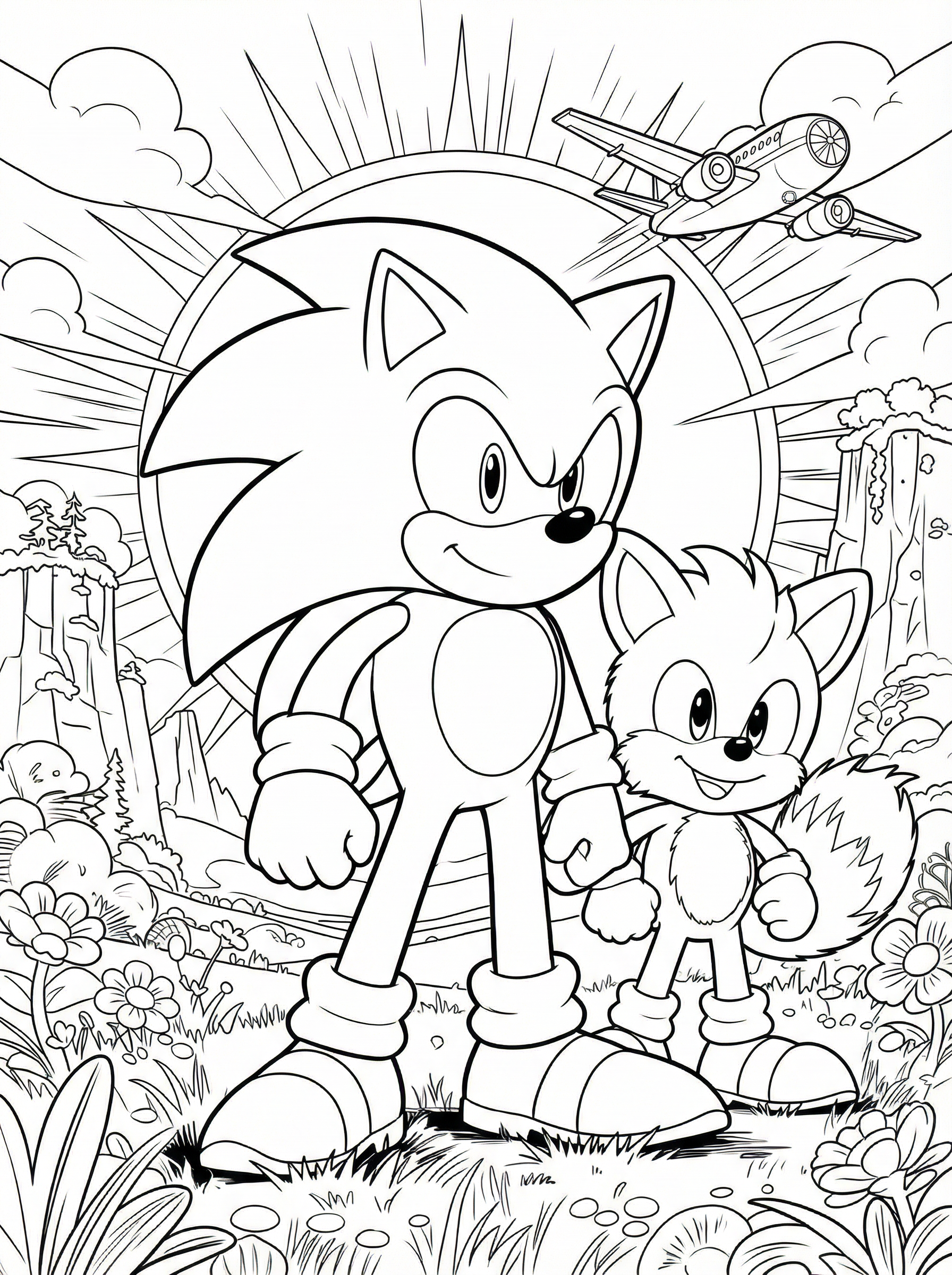 Free Sonic the Hedgehog Printable Colouring Page - Sonic and Tails in the Meadow