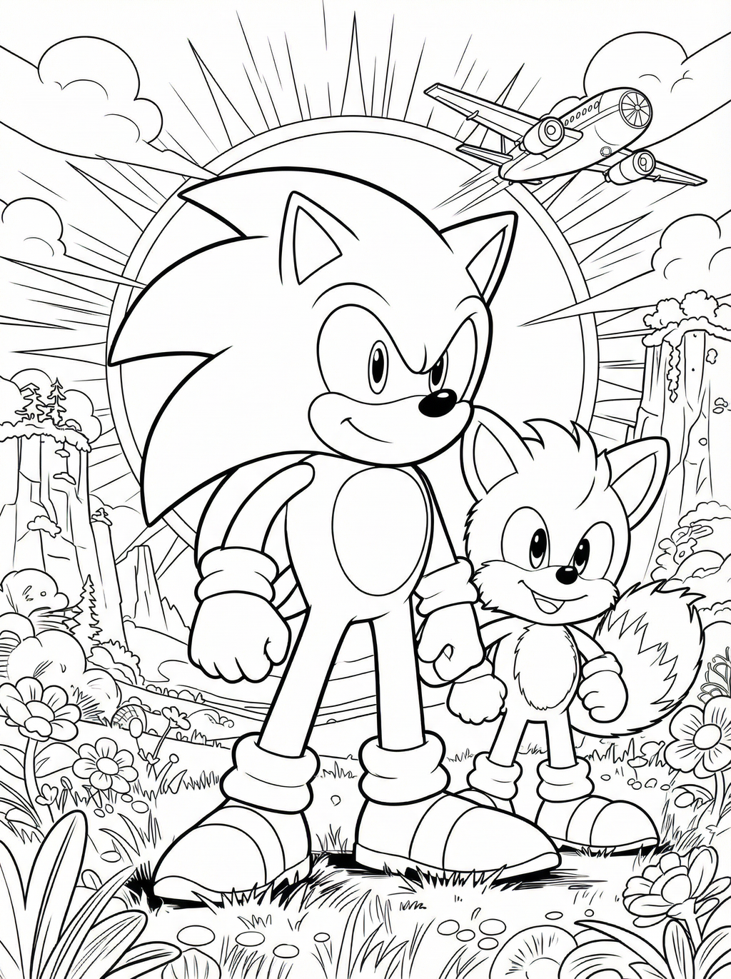 Black and white line drawing of Sonic the Hedgehog and Tails standing together in a sunny outdoor scene with flowers, trees, clouds, and an aeroplane in the background