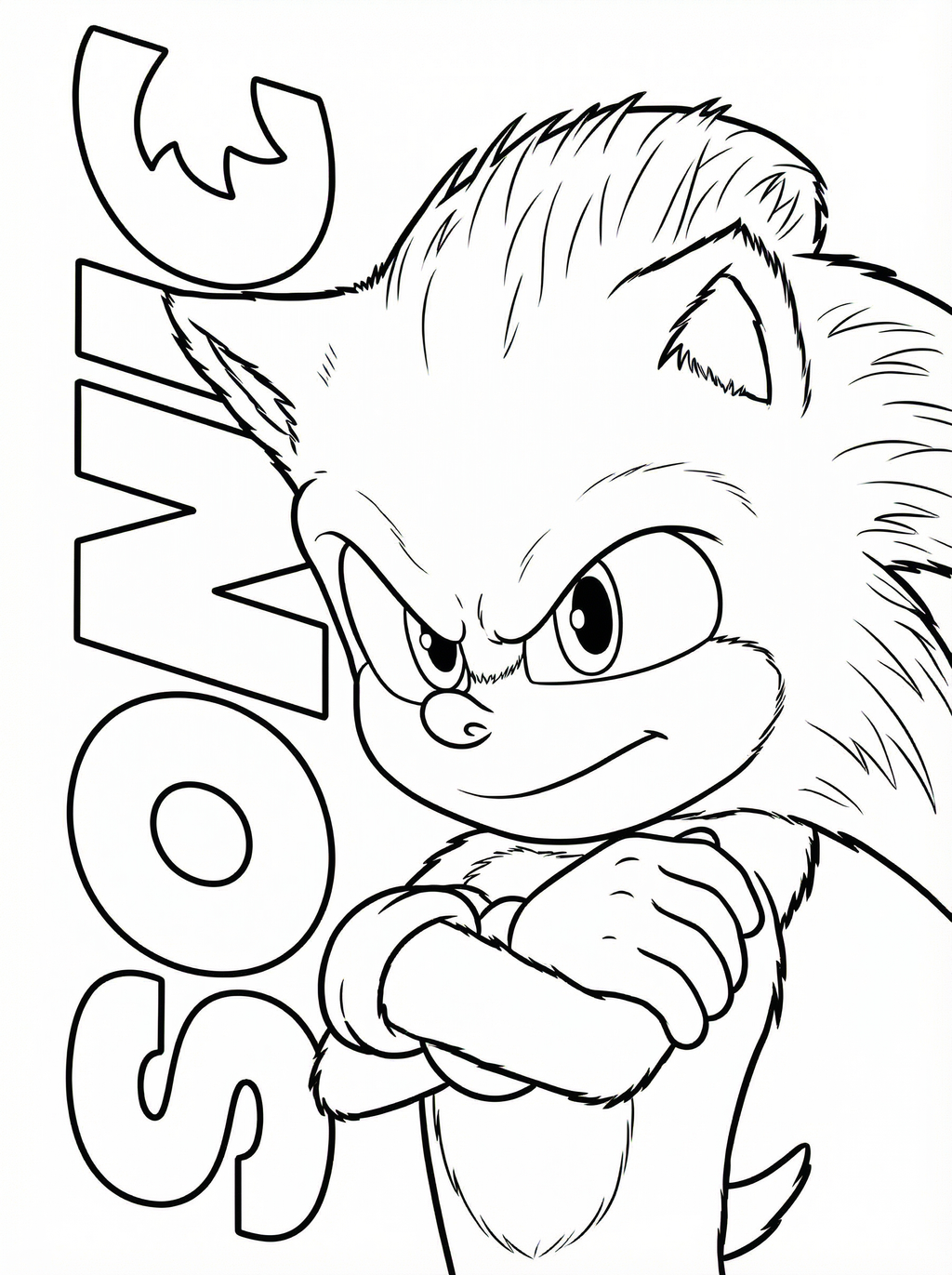 Black and white line drawing of Sonic the Hedgehog in a determined pose with arms crossed, featuring his iconic spiky hair and confident expression