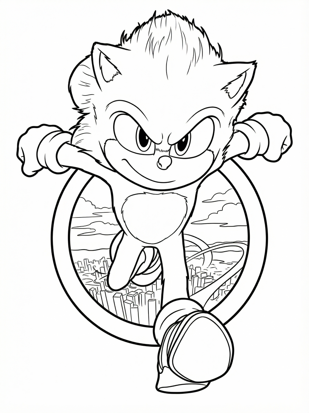 Black and white line drawing of Sonic the Hedgehog in running pose with determined expression, featuring his signature spiky quills and sneakers, with a circular cityscape background