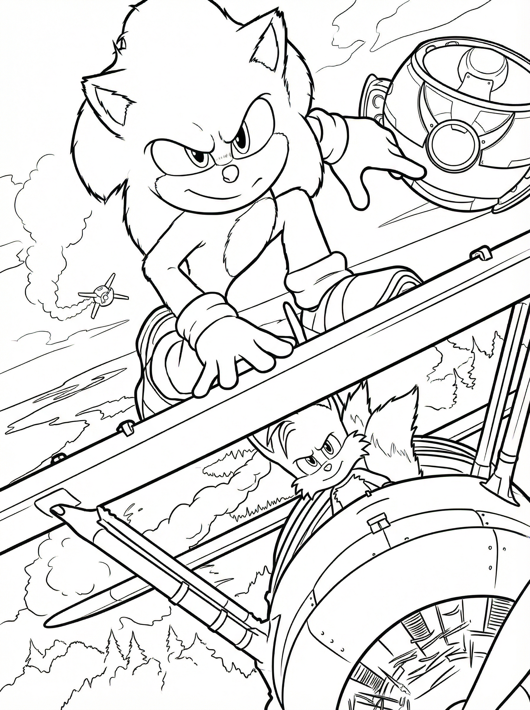 Free Sonic the Hedgehog Printable Colouring Page - Biplane Rescue with Tails