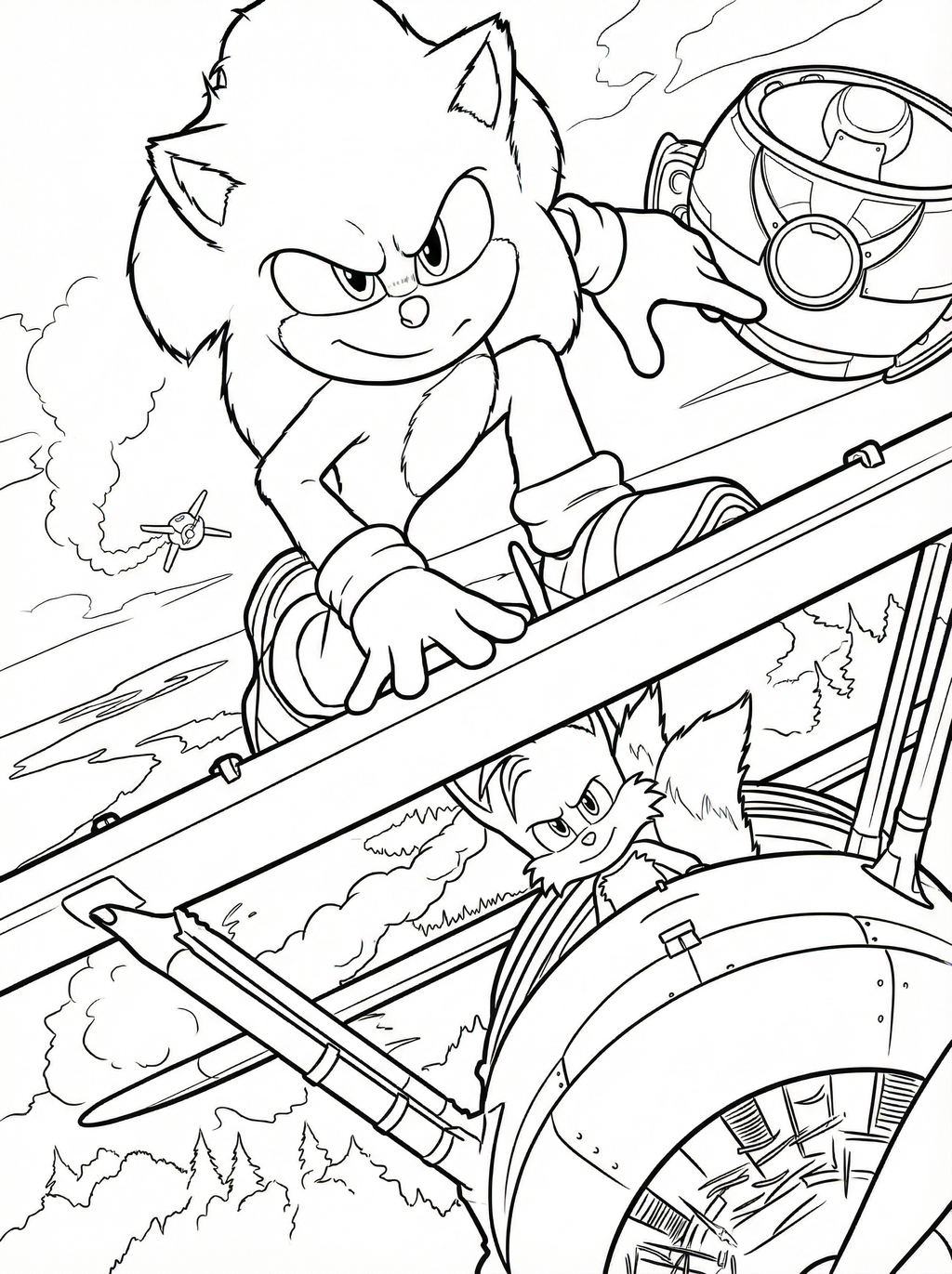 Black and white line drawing of Sonic the Hedgehog and Tails racing in vehicles, with Sonic in the foreground and Tails piloting an aircraft in the background