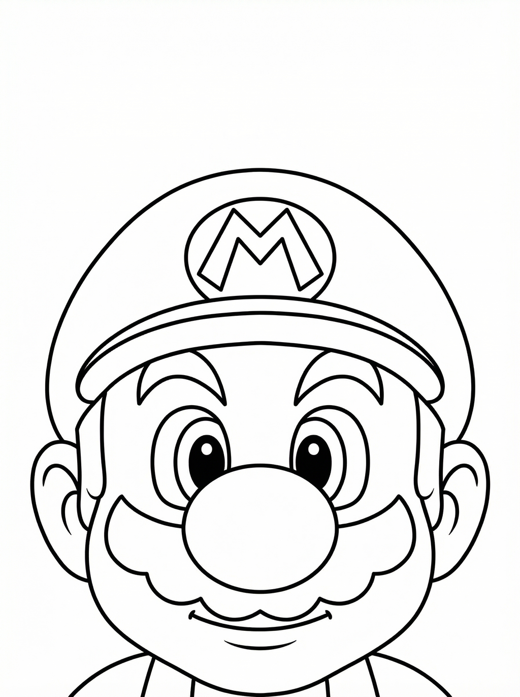 Black and white line drawing of Mario from Super Mario Bros wearing his iconic cap with M logo and moustache, smiling cheerfully