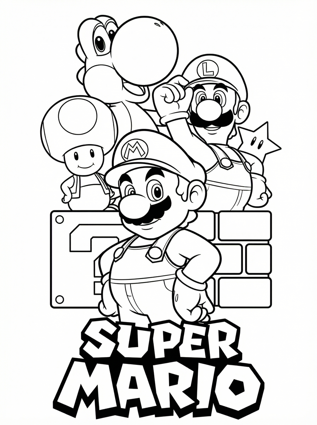 Black and white colouring page featuring Super Mario characters including Mario, Luigi, Yoshi, and Toad with the Super Mario logo and brick wall background