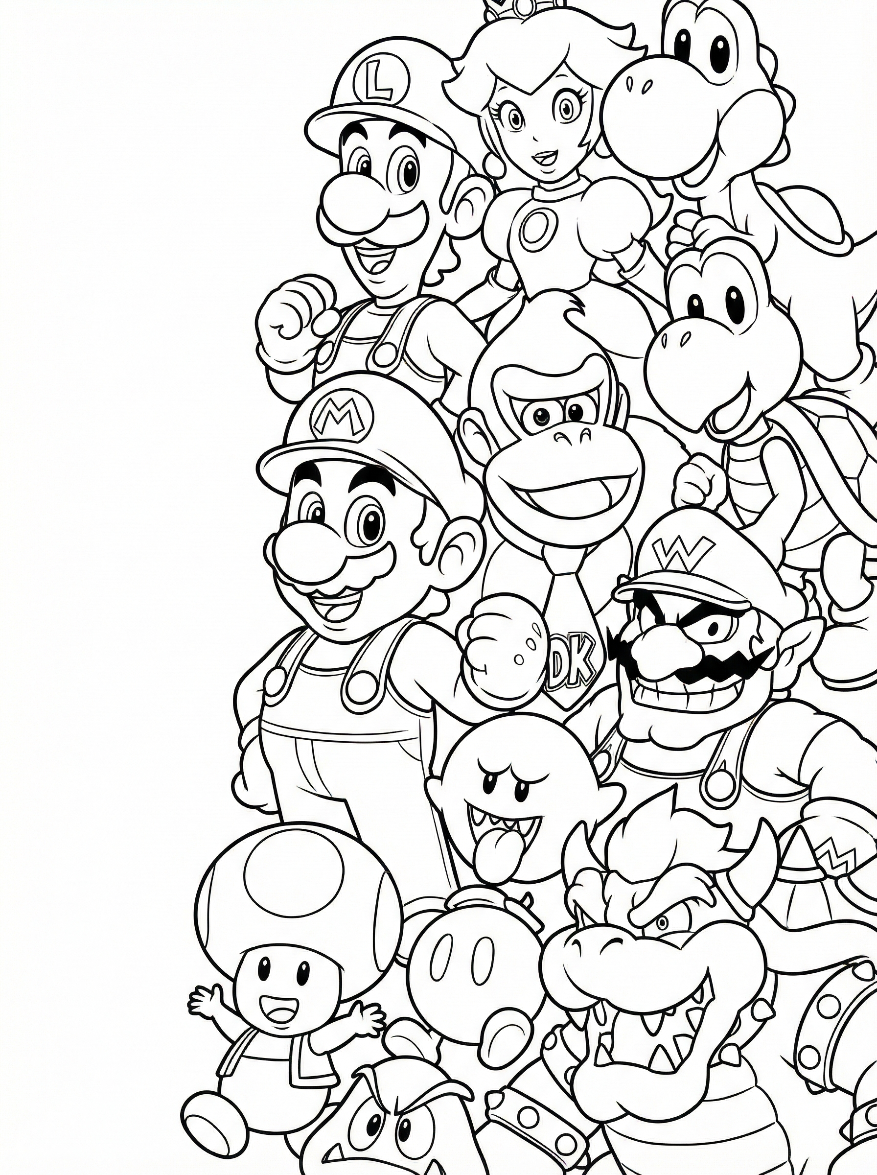 Free Super Mario Characters Printable Colouring Page - Whole Gang Group Portrait